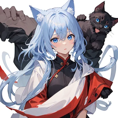 1 girl, head, ((White background, Red Cliff)), expression, tingyun, Cat Ear Girl，((白色head发)),blue eyes