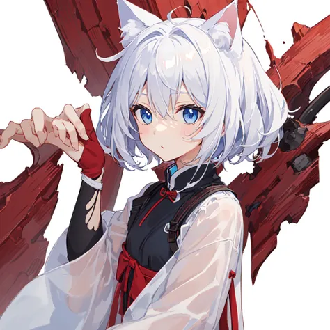 1 girl, head, ((White background, Red Cliff)), expression, tingyun, Cat Ear Girl，((白色head发)),blue eyes