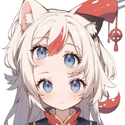 1 girl, head, ((White background, Red Cliff)), expression, tingyun, Cat Ear Girl，((白色head发)),blue eyes