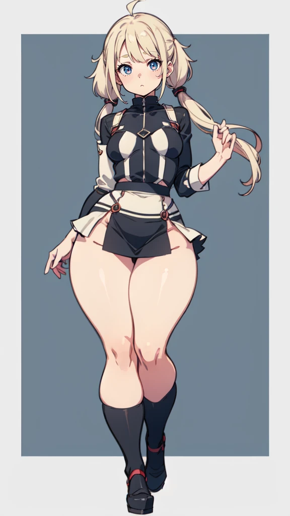 blank background, (((full body))), (masterpiece), ((best quality)), (very short girl), flat chest, short twintail, (wide hips:1.4), (thick thighs:1.4), (very short skirt), toeless footwear