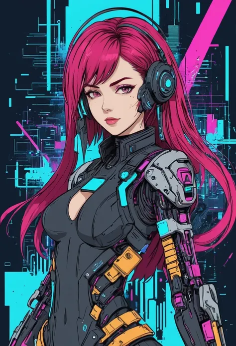 a charming cyberpunk anime girl, intricate ink line art, vibrant vector illustration, bold strokes, glitch art elements, flat co...