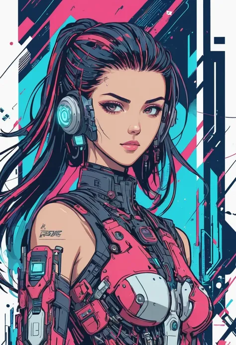 a charming cyberpunk anime girl, intricate ink line art, vibrant vector illustration, bold strokes, glitch art elements, flat co...