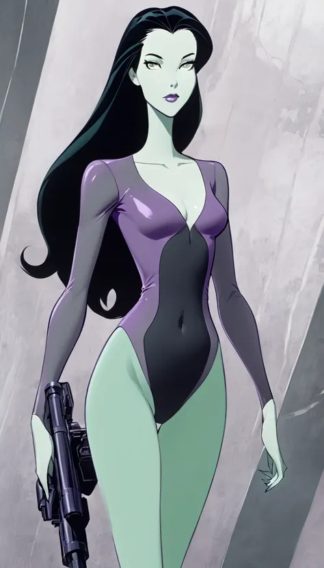 cartoon thin woman, long neck, long black hair, pale green skin, wearing a v-neck purple sci-fi body suit .. she is armed with an arm cannon, on her suit by her waist are some small gray circles 