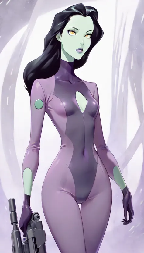 cartoon thin woman, long neck, long black hair, pale green skin, wearing a v-neck purple sci-fi body suit .. she is armed with an arm cannon, on her suit by her waist are some small gray circles 