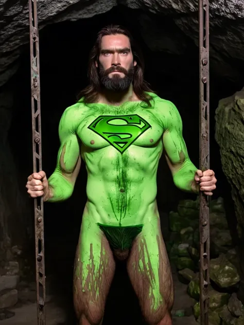 Distant view: 1970s, Superman, malnourished and extremely skinny, in a cave prison filled with glowing green ore, imprisoned for a long time and dirty, skinny from starvation with visible ribs, dirty and bulging white briefs, thin waist, thin limbs as thin...