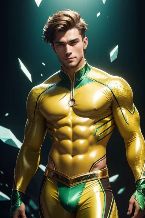 Half body focus photorealistic handsome hunky fractal masculine Element Lad.. wearing a green and yellow citrine transparent crystal chrome glass super suit , look at camera, detailed face parts,, studio as background, Freestyle Pose, Happy Expression, per...