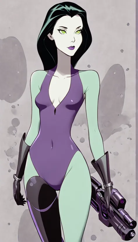 cartoon thin woman, long neck, long black hair, pale green skin, wearing a v-neck purple sci-fi body suit .. she is armed with an wrist gauntlet cannon and a lazer pistor.on her suit by her waist are some small gray circles 