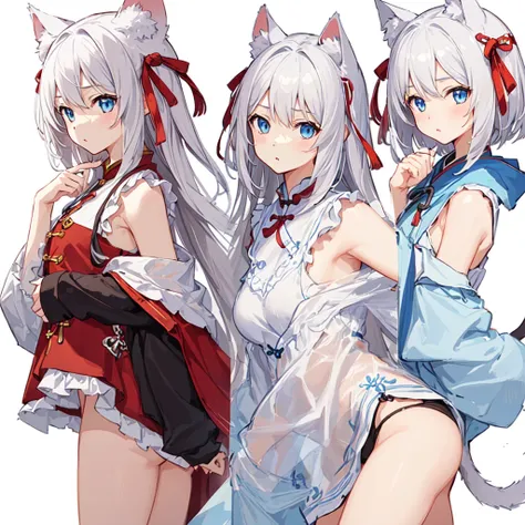 1 girl, head, ((White background, Red Cliff)), expression, tingyun, Cat Ear Girl，((银色head发)),blue eyes