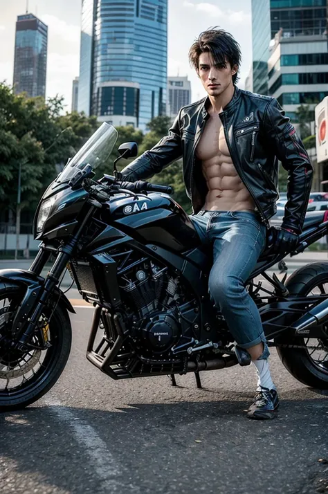 man, motociclista y model, tall and muscular body, with short black hair,  model, whole body.