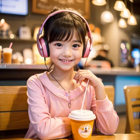  Looking straight ahead and smiling, Ultra HD、128ｋ、Masterpiece、Masterpiece, Cute little kindergarten girl studying in a coffee shop while listening to music on headphones、orange juice, clavicle, RAW Photo、A girl with big eyes wearing light pink clothes、Han...