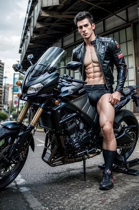 man, motociclista y model, tall and muscular body, with short black hair,  model, whole body.