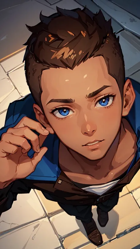 (masterpiece), best quality, expressive eyes, perfect face, (((1guy))), full body, (((brown skin))), brown hair, blue student uniform, buzz cut mohawk, young adult, 