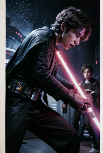 Star wars poster with a boy with two lightsabers, one purple and the other white lightsaber in a fight against a sid