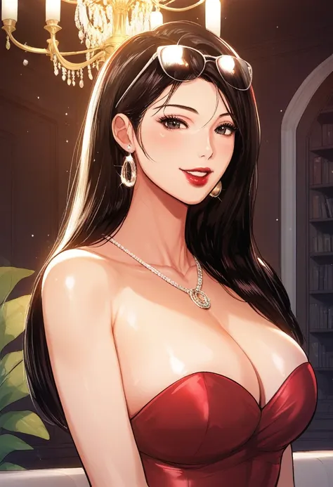 Hot sexy beautiful milf mom , cleavage, strapless ball gown,slender body, detailed lips rings ,black blunt hair,black eyes,white sun glasses on head, detailed , chandelier earrings , alluring face, smiling, necklace , red lipstick big ass, necklace, bangle...