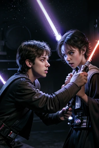 Star wars poster with a boy with two lightsabers, one purple and the other white lightsaber in a fight against a sid