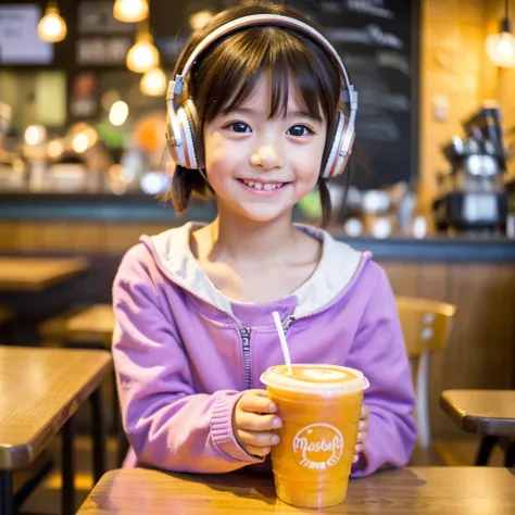  Looking straight ahead and smiling, Ultra HD、128ｋ、Masterpiece、Masterpiece, Cute little kindergarten girl studying in a coffee shop while listening to music on headphones、orange juice, clavicle, RAW Photo、A girl with big eyes wearing light purple clothes、H...