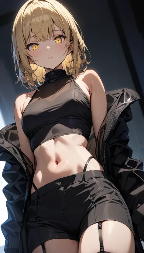 a handsome girl, solo, blond hair, yellow eyes, bright eyes, bangs, ”black hood jacket”, (see-through jacket), black high neck sleeveless, [navel], off shoulder, bare shoulders, open jacket, shorts, black tights, garter straps, expressionless, blurry backg...