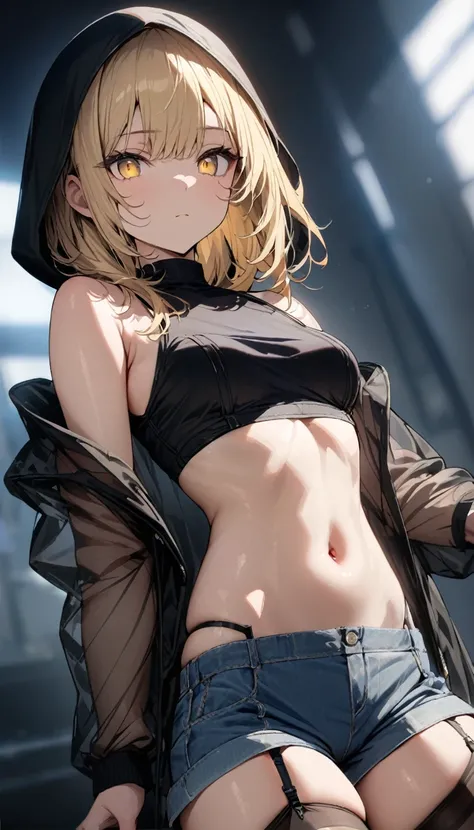 a handsome girl, solo, blond hair, yellow eyes, bright eyes, bangs, ”black hood jacket”, (see-through jacket), black high neck sleeveless, [navel], off shoulder, bare shoulders, open jacket, shorts, black tights, garter straps, expressionless, blurry backg...