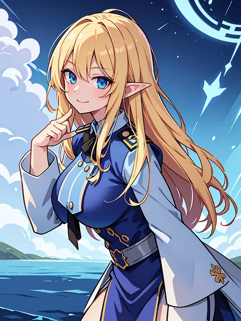 detailed illustration (side view),dynamic angle,ultra-detailed, illustration, pose for the camera, smiling at viewer, clean line art, shading, anime, 2020’s anime style, detailed eyes, detailed face, beautiful face,

Blonde hair, blue eyes, elf, elf woman,...