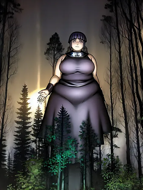 masterpiece, volumetric lighting, (art by Fellatrix:0.6), (art by BeltBuster:0.5), (Dean Cornwell art style:1.2), 
solo, 1girl, 
fat hinata hyuga, clothed midsection, dress,  sleeveless, night, moon, forest, cowboy shot, wide hips, looking to the side