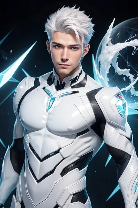 Half body focus photorealistic handsome hunky fractal masculine white haired fractal Ghost Boy.. wearing a white quartz  transparent crystal chrome glass super suit , look at camera, detailed face parts,, studio as background, Freestyle Pose, Happy Express...