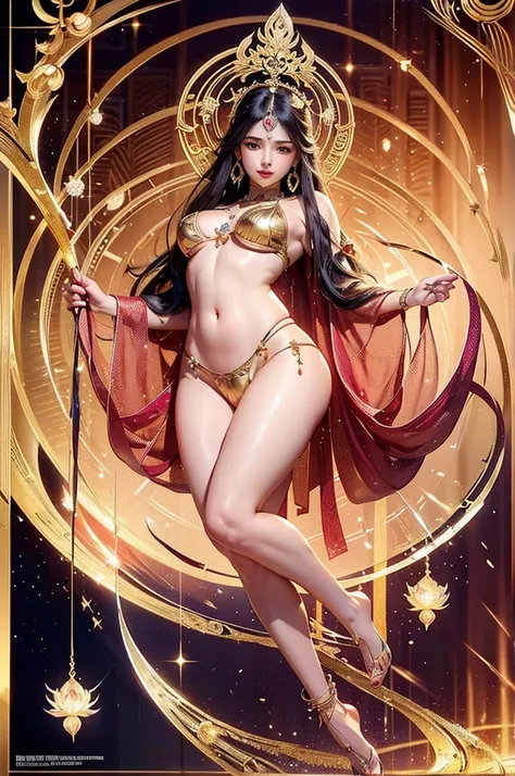 best quality, 8k, very delicate and beautiful, highly detailed face and skin texture, shiny skin, high resolution, sexy girl in gorgeous gold bikini stand on golden lotus, with mandala background, full body, sharp focus