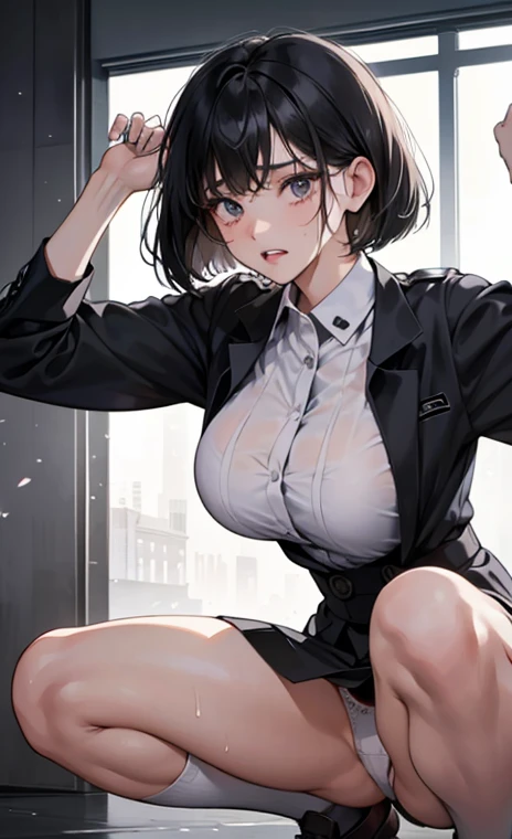 Bobcut、Black-haired 、School、In uniform、Desperate form、Clothes are soaked with sweat、indoor、Many male students are watching、Composition from the front、Huge breasts、Plain white panties、in motion、Grit your teeth、Squat、Legs open more than 180 degrees、With legs...