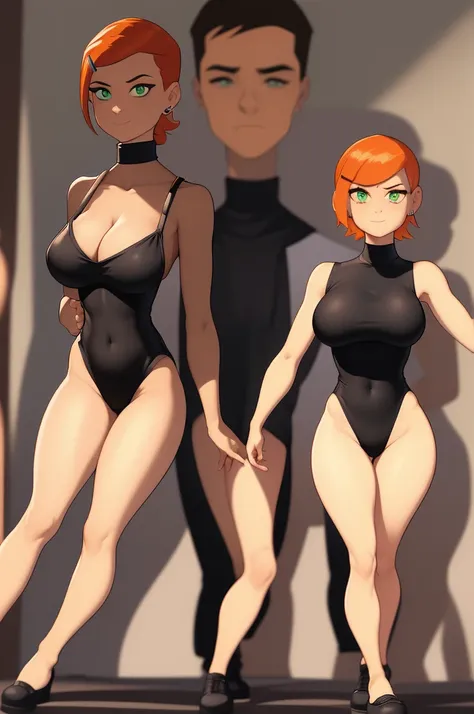 thick_thighs, wide_hips, gwen_tennyson, large_chest, black_leotard, leotard, highcut_leotard, 1girl, thicc, big breasts, turtleneck leotard, turtleneck, wicked look in eyes, evil smile, sexy eyes