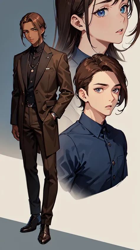 (masterpiece), best quality, expressive eyes, perfect face, (((1guy))), full body, (((brown skin))), brown hair, sliver eyes, blue student uniform, slicked back hair, young adult, 