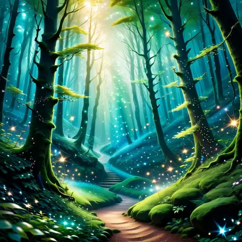 A fantasy scene with a magical forest and glittering fairy dust in the air