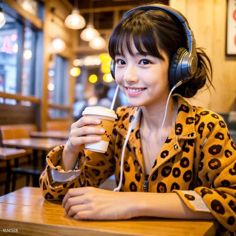  Looking straight ahead and smiling, Ultra HD、128ｋ、Masterpiece、Masterpiece, Cute long face, Cute little kindergarten girl studying in a coffee shop while listening to music on headphones、orange juice, clavicle, RAW Photo、Big-eyed girl in leopard print clot...