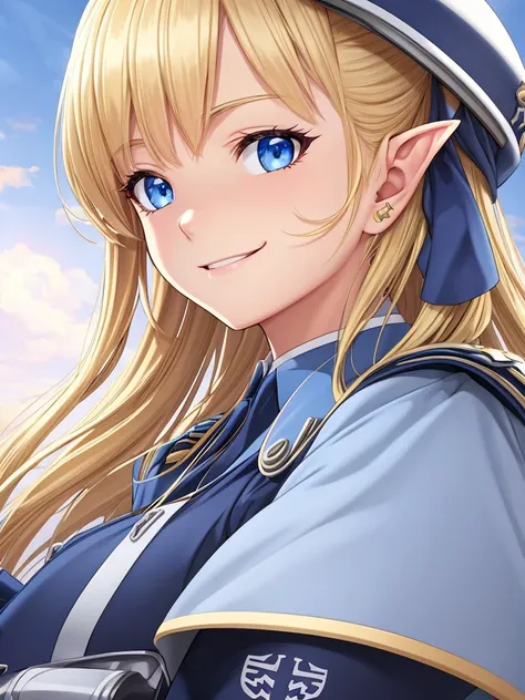 detailed illustration (side view),dynamic angle,ultra-detailed, illustration, pose for the camera, smiling at viewer, clean line art, shading, anime, 2020’s anime style, detailed eyes, detailed face, beautiful face,

Blonde hair, blue eyes, elf, elf woman,...