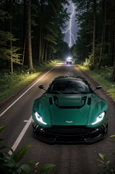 Aston Martin Vulcan riding through a forest area in night along with rain and lightning flashes on the car