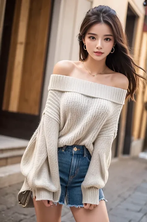 ((Highest quality)), ((masterpiece)), (detailed), One girl, Off-the-shoulder sweater, 
