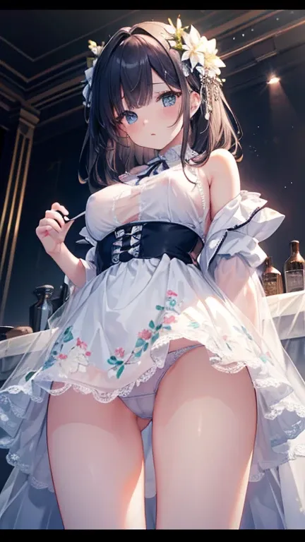 One woman，Upskirt、Super detailed, High resolution, (Actual, Realistically: 1.4), 8K, RAW Photos, (On the table), (Highest quality),rendering, White，Shoulder length、Black straight hair、(Show your nipples and panties)、tallスリム、Upturned buttocks，White floral d...