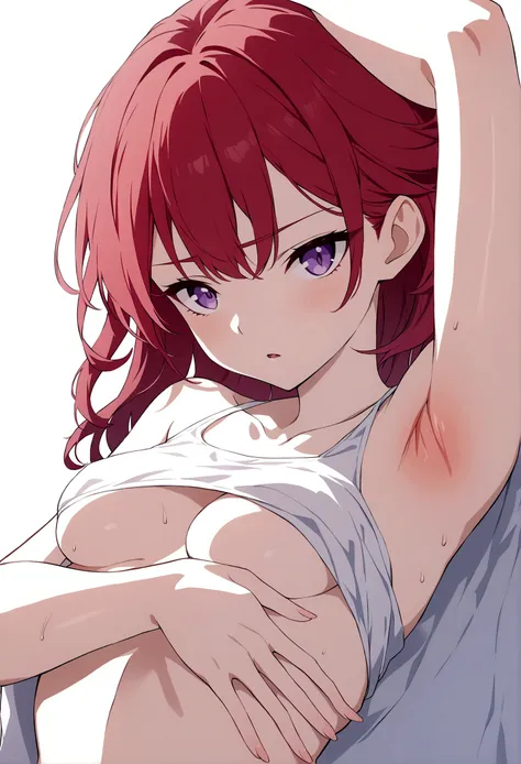 Armpits spread, detailed, red hair, purple eyes