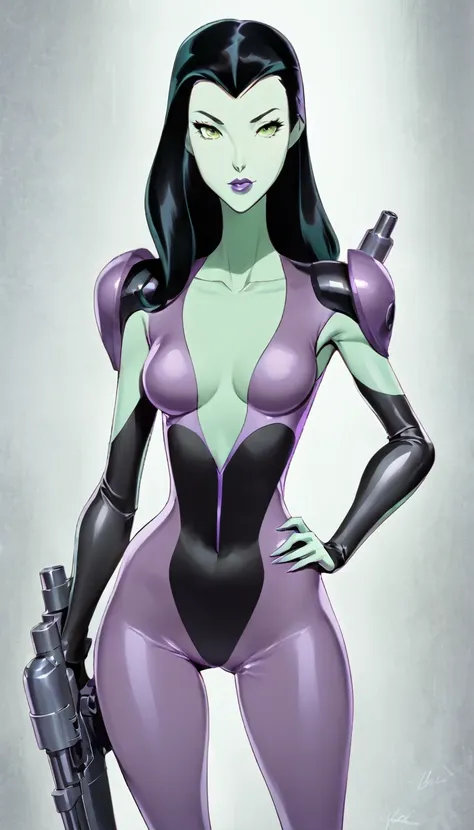 cartoon thin woman, long neck, long black hair, pale green skin, wearing a v-neck purple sci-fi body suit .. she is armed with an arm cannon, on her suit has small grey jet nozzles at the sides of her hips.