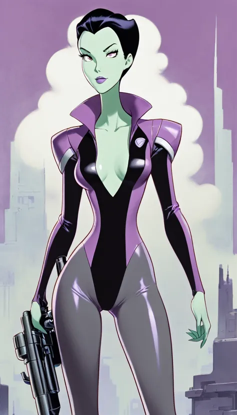 cartoon thin woman, long neck, long black hair, pale green skin, wearing a v-neck purple sci-fi body suit .. she is armed with an arm cannon, on her suit has small grey jet nozzles at the sides of her hips.