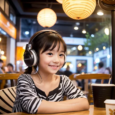  Looking straight ahead and smiling, Ultra HD、128ｋ、Masterpiece、Masterpiece, Cute round small face, Cute little kindergarten girl studying in a coffee shop while listening to music on headphones、orange juice, clavicle, RAW Photo、Big-eyed girl in zebra print...