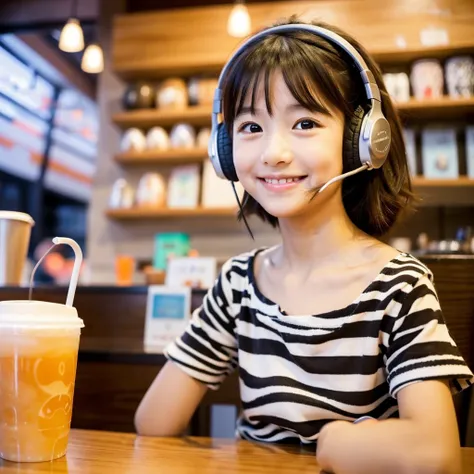  Looking straight ahead and smiling, Ultra HD、128ｋ、Masterpiece、Masterpiece, Cute round small face, Cute little kindergarten girl studying in a coffee shop while listening to music on headphones、orange juice, clavicle, RAW Photo、Big-eyed girl in zebra print...