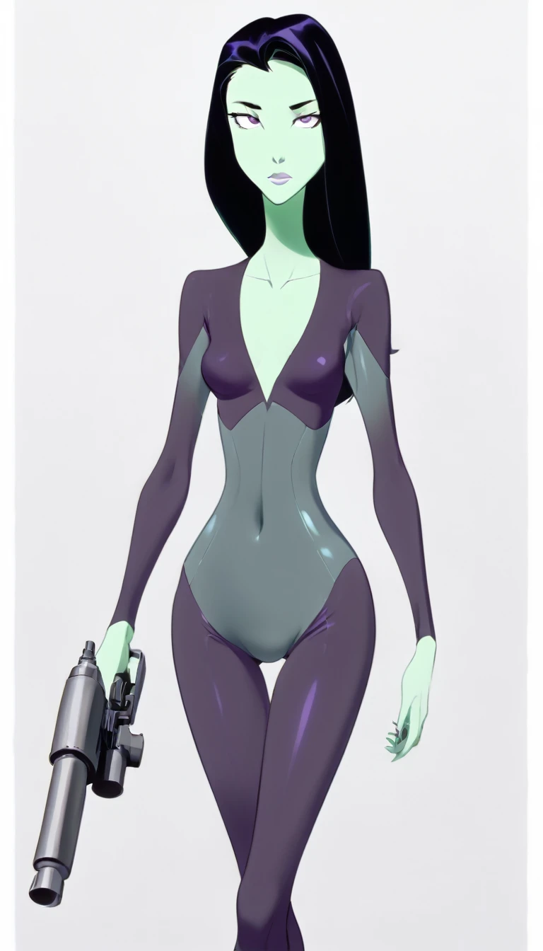 cartoon thin anorexic woman, long neck, long black hair, pale green skin, wearing a v-neck purple sci-fi body suit .. she is armed with an arm cannon, on her suit has small grey jet nozzles at the sides of her hips.