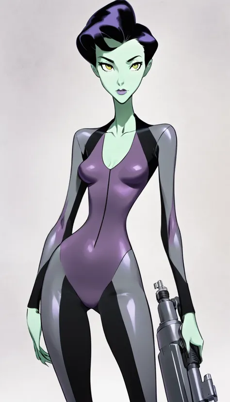 cartoon thin anorexic woman, long neck, long black hair, pale green skin, wearing a v-neck purple sci-fi body suit .. she is armed with an arm cannon, on her suit has small grey jet nozzles at the sides of her hips.