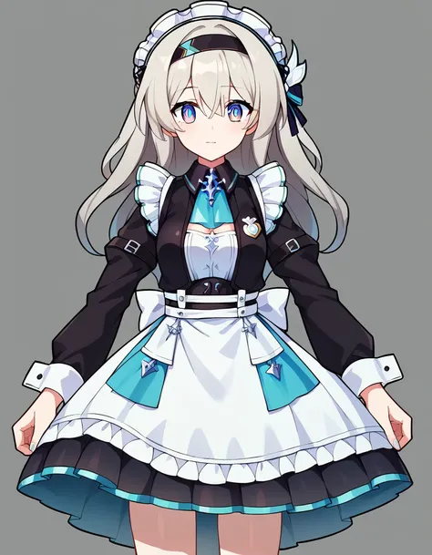 score_9, score_8_up, score_7_up, transparent background, simple background, BREAK source_anime, BREAK (1girl, solo, solo focus), fireflydef, jacket, dress, grey hair, maid outfit, very cute, maid