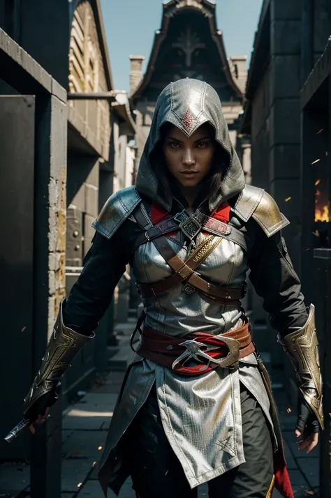 
assassins creed A young woman wearing silver armor covered in gold modern style karma ninja with complete ninja weapons in his clothes, slashing a mans neck, fire distributed all around, action poses, dynamic composition, full body portrait, maximum 64K H...