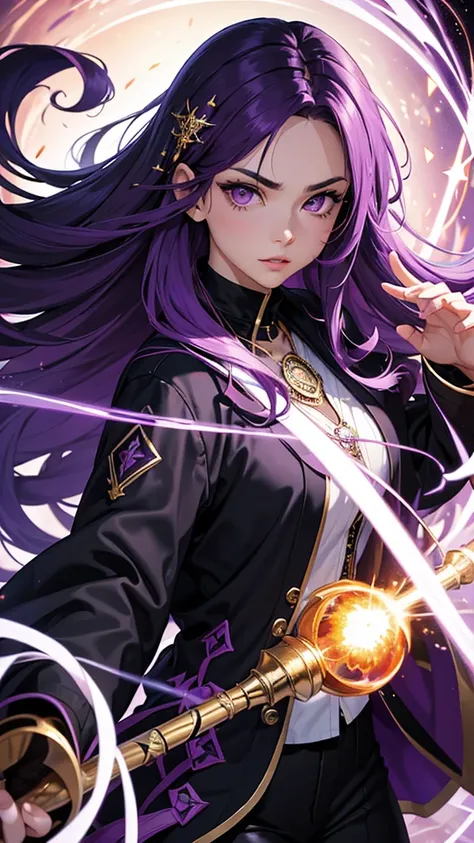 (masterpiece), best quality, expressive eyes, perfect face, purple hair, 1girl, long hair, sidelocks, purple eyes, black jacket, white shirt, hair ornament, holding a wizard staff, shooting fireball magic, magic circle, epic pose, dynamic pose, 