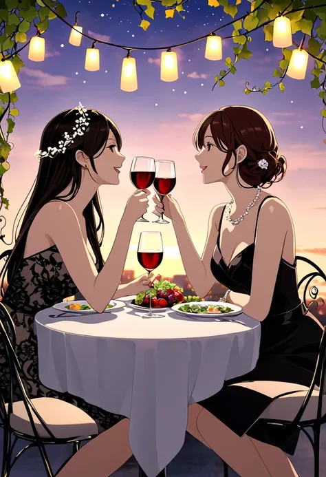 two woman romantic dinner vine glass