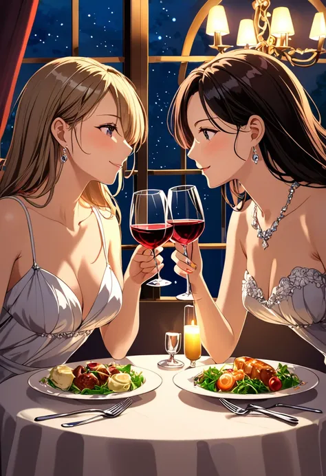 two woman romantic dinner vine glass