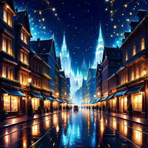 A digital painting of a city at night with sparkling lights and a magical atmosphere