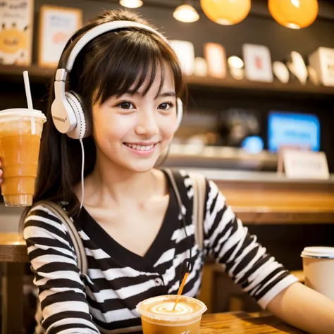  Looking straight ahead and smiling, Ultra HD、128ｋ、Masterpiece、Masterpiece, Cute long face, Cute little kindergarten girl studying in a coffee shop while listening to music on headphones、orange juice, clavicle, RAW Photo、Big-eyed girl in zebra print clothi...