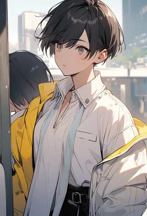 black hair, white shirt, jacket, 1girl, short hair, boyish, stylish, bright